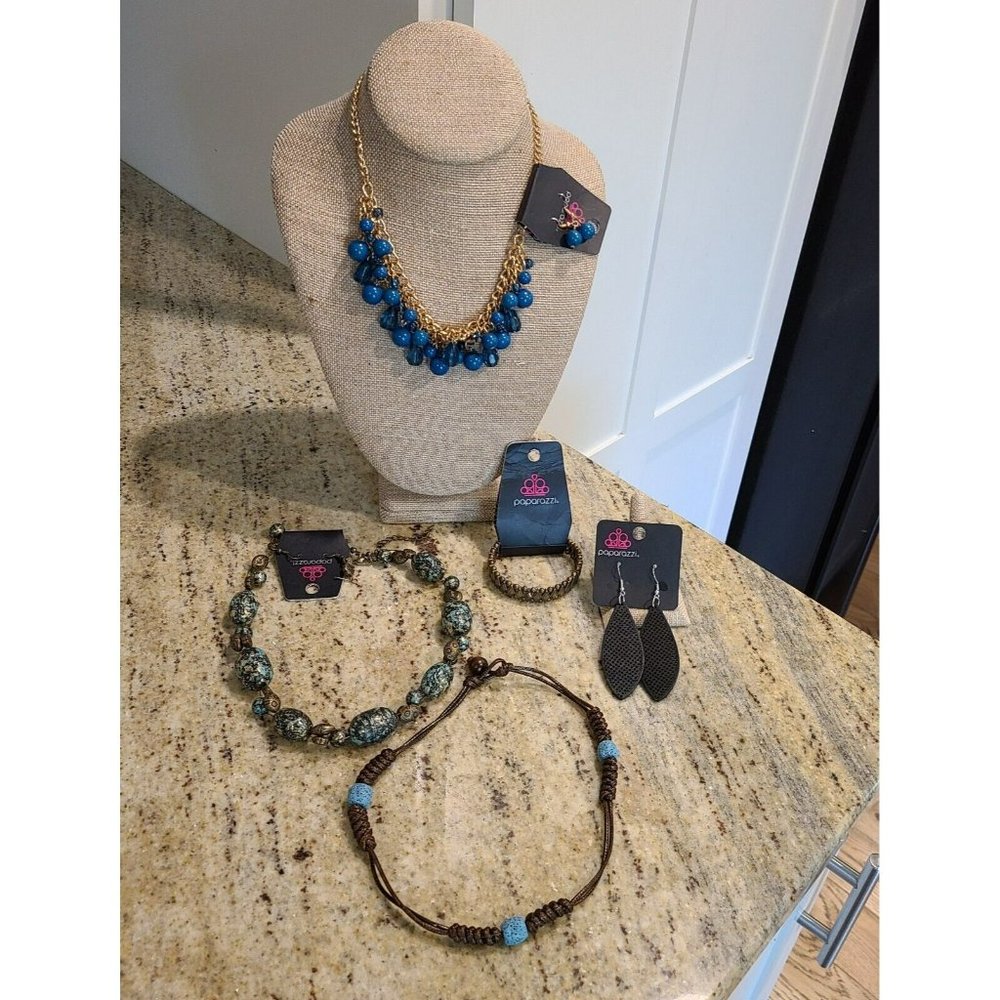 Paparazzi Lot of 6 Earrings Necklaces and Bracelets. Blue Bronze Black - Picture 1 of 9